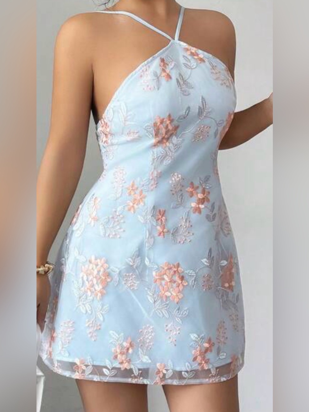 Lucy in the Sky Light Blue Halter Mini Dress with Peach Floral Embroidery